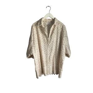 Sundress Shirt Dress Cotton Cream Gold Beach Coverup Resort Eyelet Lined XS/S